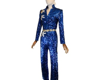 VINTAGE blue sequined jumpsuit from the 70s, spectacular disco glam party jumpsuit with bird appliqués and gold tassels.