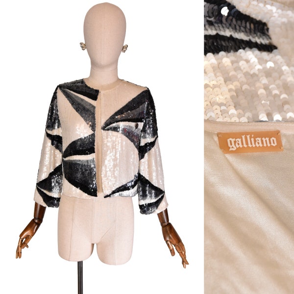 JOHN GALLIANO giacca di paillettes, bolero vintage, giacca da sera con motivi geometrici, bolero da festa di paillettes Galliano.