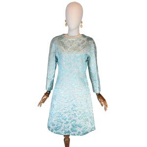 Vintage 60s Balenciaga Silk Brocade Dress: Blue & Gold A-Line Couture