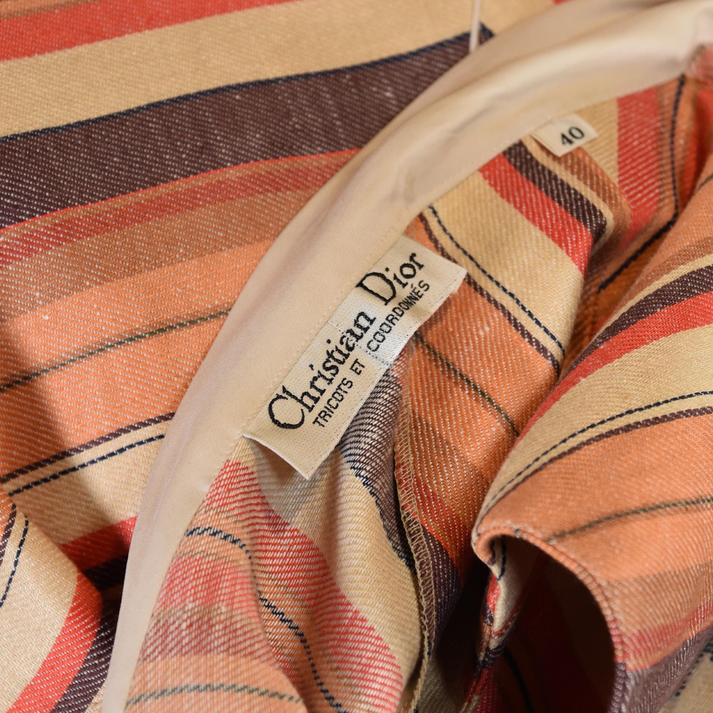 CHRISTIAN DIOR Vintage 70s Dress, Striped Linen Cotton Midi