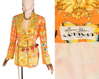 Blazer vintage KAMOSHO des années 90 avec motifs baroques et papillons,  Marina Sitbon pour KAMOSHO veste imprimée. Blazer de créateur.