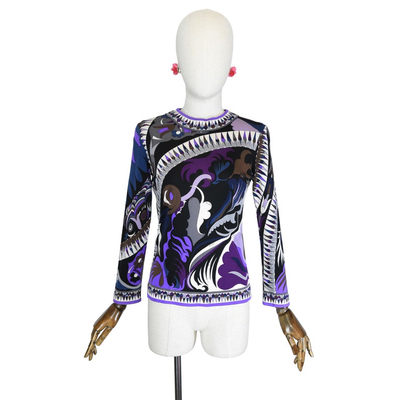EMILIO PUCCI vintage top, Pucci silk jersey top with iconic geometric pattern, collector vintage Pucci long sleeves tee, Emilio Pucci blouse image 4