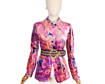 Vintage 70s Velvet Blouse: Abstract Print Bohemian Top, Italian Designer
