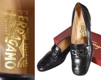 SALVATORE FERRAGAMO vintage loafers, black leather shoes, ferragamo vintage shoes, leather mocassins, size 36.5 shoes.