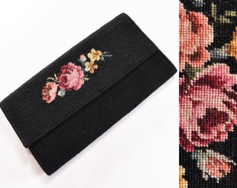 VINTAGE 1950s clutch, floral petit point embroidery purse, black handbag, needlepoint evening bag, hand stitched petit point floral bag.