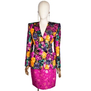 Vintage ODICINI Couture Silk Suit: 1980s Floral Blazer & Skirt
