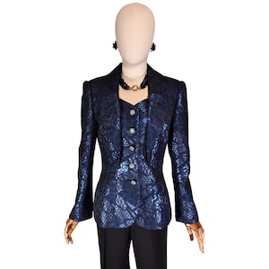 VINTAGE FRED LANSAC 1990s Chaqueta, chaqueta brocada azul metálico de diseñador, elegante chaqueta, talla M.