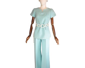 Vintage Courrèges Ensemble: 1970s Hell Blauer Schlaghose, Mod Couture
