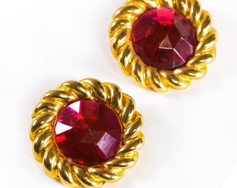 Vintage 80s Clip-On Earrings: Gold Tone with Pink Acrylic Stone