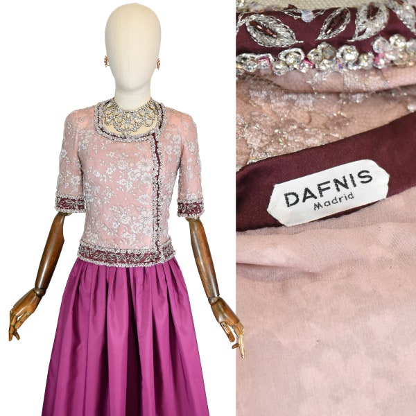 DAFNIS MADRID evening top, vintage pink silk couture top with Lace and crystals, exquisite 1980s luxury collector top, high end DAFNIS top.