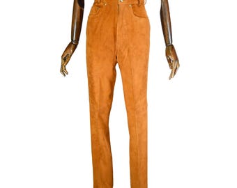 Vintage Roberto Cavalli Suede Pants: 1980s High Waist Stretch Trousers (XXS)