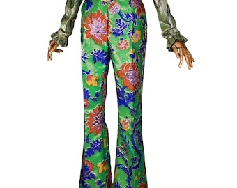 Pantalones brocados DOLCE GABBANA, pantalones acampanados con estampado floral, pantalones brocados de lujo.