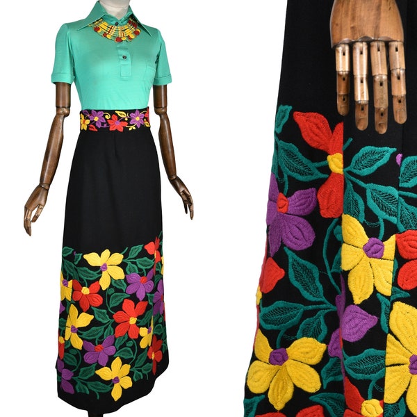 VINTAGE embroidered long skirt from the 70's, black wool maxi skirt with embroidered flowers.