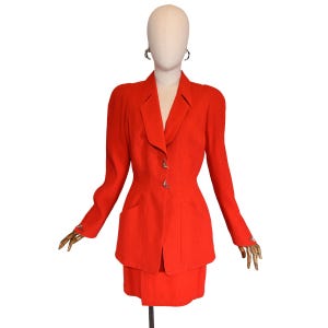 Vintage Thierry Mugler Red Skirt Suit: 90s Power Dressing, Silver Star Buttons, Size XS