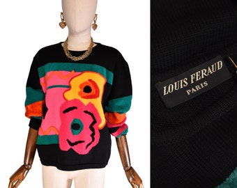 Pull-over vintage LOUIS FERAUD, pull-over vibrant en maille fleurie, pull-over des années 80 aux couleurs vives, haut en maille noire FERAUD