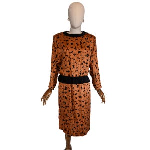 Vintage 80s Silk Dress: Pedro del Hierro Abstract Print, Pleated Peplum, Size S/M