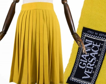 GIANNI VERSACE pleated mustard yellow skirt - vintage a-line skirt, lightweight wool blend, knee length, made in Italy