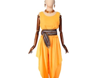GASTON JAUNET boho 70s yellow ensemble with sleeveless top and harem pants, Size XXS