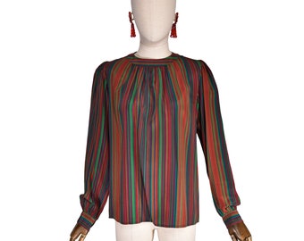 Vintage 80s Saint Laurent Silk Blouse: Multicolor Striped Rive Gauche