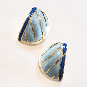 ORENA Paris vintage 80s clip earrings, gold tone earrings with blue enamel motifs, statement french designer jewelry.