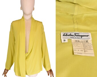 SALVATORE FERRAGAMO silk blouse, muted yellow vintage shirt, 1990s asymmetrical neckline over shirt, long sleeve FERRAGAMO top.