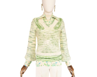 Jersey de punto de lana verde y blanco roto, estilo vintage de los años 70, talla XS.