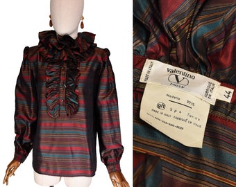 VALENTINO silk blouse, vintage 1990s striped blouse with ruffles on neck & neckline, Valentino Miss V silk top.