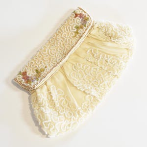 Vintage 1940s Beaded Silk Chiffon Clutch: Floral Embroidery Evening Bag
