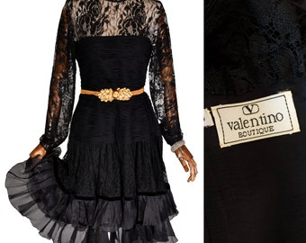 VALENTINO midi dress, 1980s black lace and silk chiffon evening dress, elegant party gown with organza ruffles.
