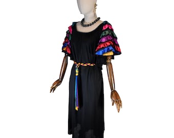 Vintage 70s Knit Dress: Jean Pierel Black Jersey with Ruffle Sleeves