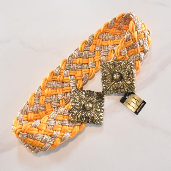Vintage 80s Woven Rope Belt: Orange Beige Lurex, Aged Gold 