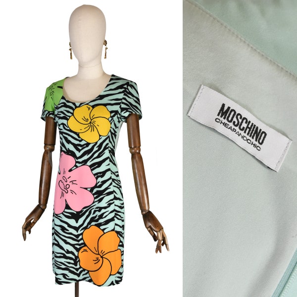 MOSCHINO Cheap and Chic dress, green with floral and zebra print dress, fit dress, pencil dress, Moschino fun dress.