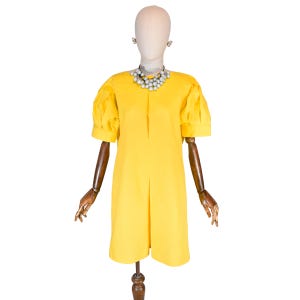 PIERRE CARDIN 80s vintage dress, yellow linen day dress with puff sleeve, french designer summer retro dress, mod dress.