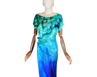 Roberto Cavalli Feder Print Bodycon Kleid: Grün Blaues Midi mit Schlangendetail