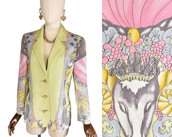 Blazer vintage LAUREL by Escada, blazer imprimé baroque pastel avec boutons dorés, veste luxueuse LAUREL 90s, blazer Laurel by Escada.