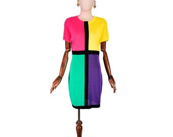 GIANNI VERSACE vintage 90s color block knit dress, size S