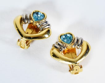 90s Vintage Heart Clip On Earrings, Gold Silver Tone, Blue Stone