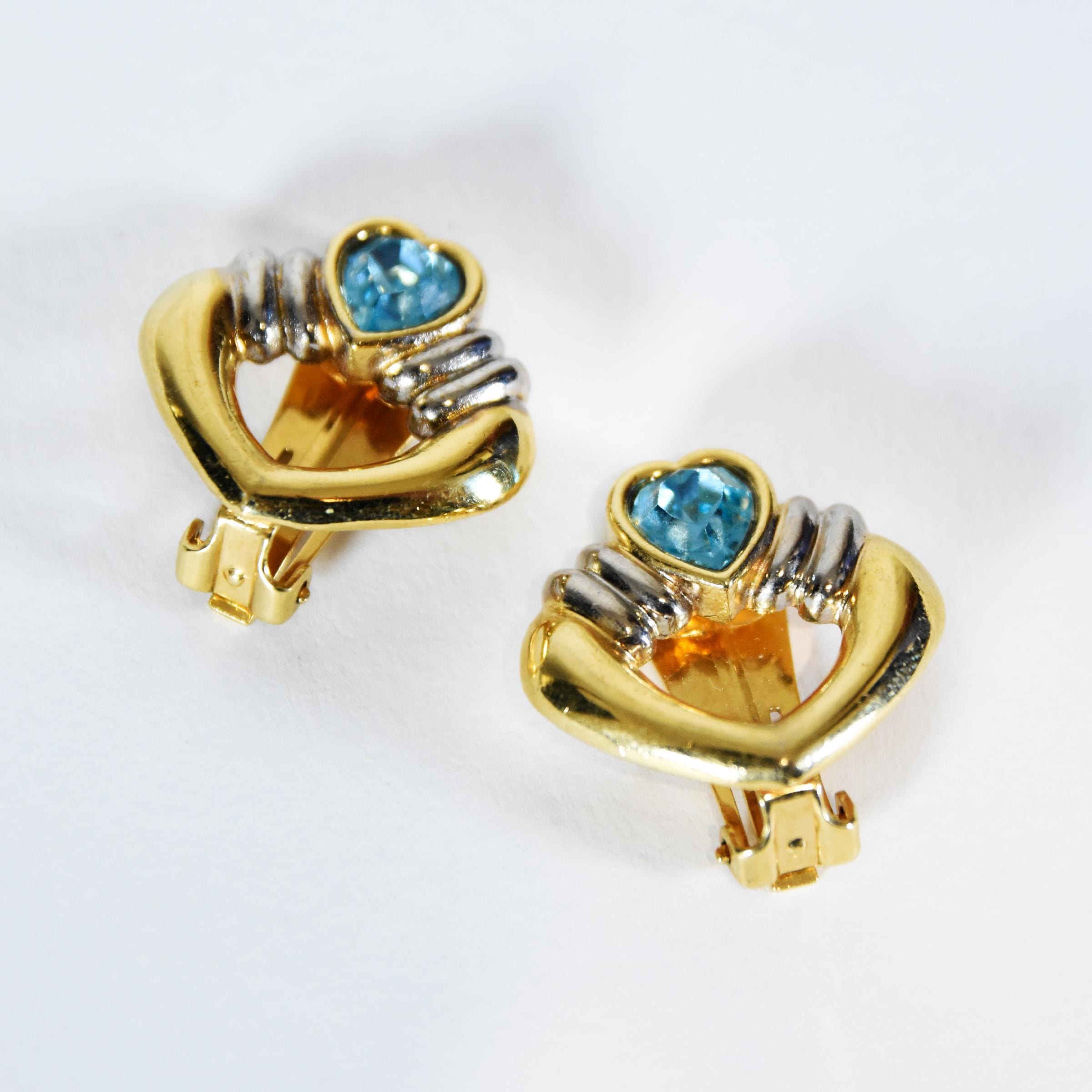 VINTAGE 90er Jahre Herz Ohrringe, Ohrclips gold und silberfarben mit blauem Stein, Retro Vintage Schmuck, elegante 90er Jahre Stil Ohrclips.