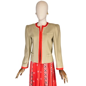 LOUIS FERAUD Vintage 90s Viscose Safari Jacket: Red Trim, Minimalist Style