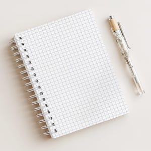 May include: A white notebook with a grid pattern, silver spiral binding, and a clear pen with a decorative top. The pen rests beside the notebook on a light surface. The notebook is open.