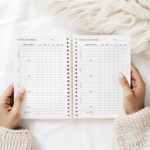 May include: An open food journal with the words "FOOD JOURNAL" at the top of the pages. The journal has sections for "FOOD & MEALS" and columns for tracking calories, fat, fibre, and protein. The journal is held open by hands.