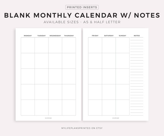 PRINTED Blank Monthly Calendar With Notes Monthy at a Glance - Etsy