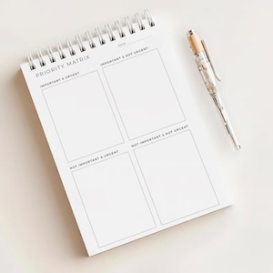 Può includere: Un taccuino bianco a spirale con un layout a matrice di priorità, con sezioni etichettate come "Importante e Urgente", "Importante e Non Urgente", "Non Importante e Urgente" e "Non Importante e Non Urgente". Una penna d'argento con la parte superiore in legno è appoggiata accanto.