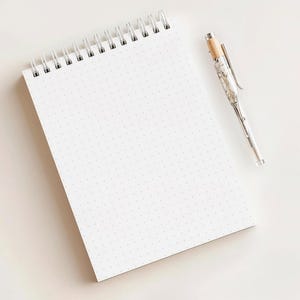May include: A white dot grid notebook with a silver spiral binding and a silver pen with a wood-tone top. The pen has a marble-like design. The notebook and pen are on a white surface.