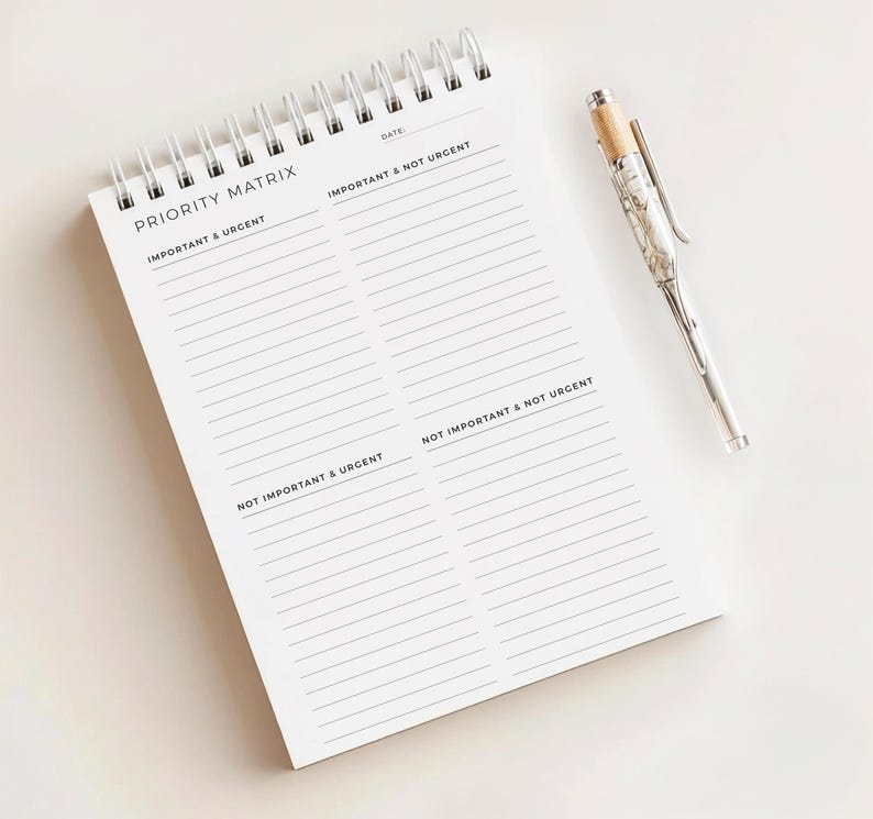 May include: A white spiral-bound notepad with the words "PRIORITY MATRIX" printed in black. The notepad is open, revealing lined pages for organizing tasks. A silver pen with a wood-tone top rests beside the notepad.