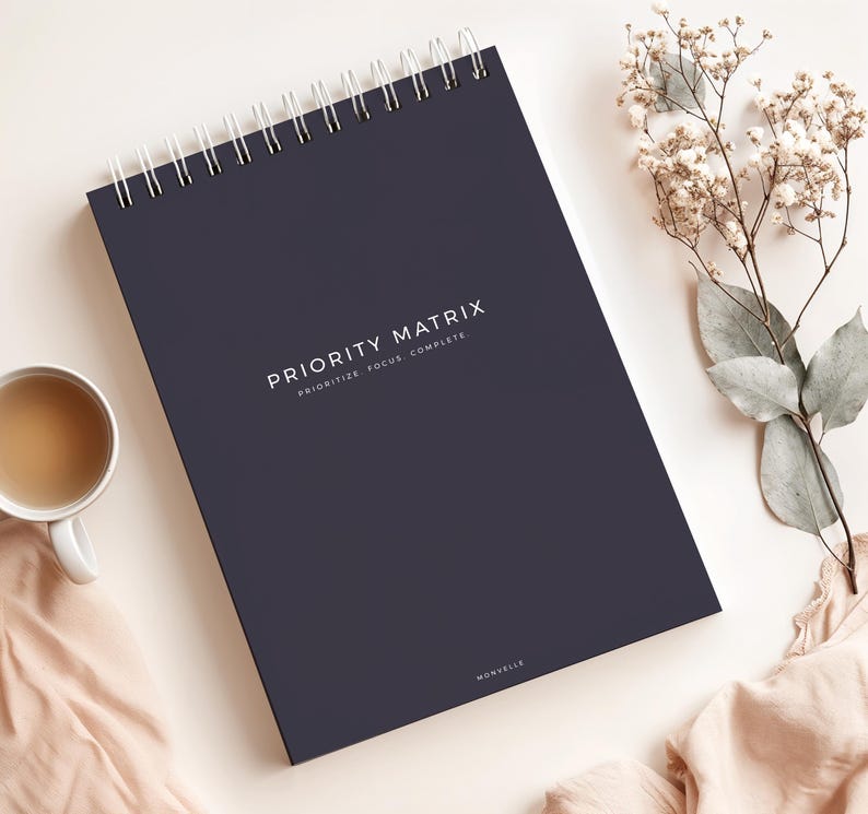 May include: A dark navy blue spiral-bound notebook with the words "PRIORITY MATRIX" printed in white. The notebook is open, and a cup of tea and decorative flowers are next to it. The notebook's text also includes "PRIORITIZE. FOCUS. COMPLETE."