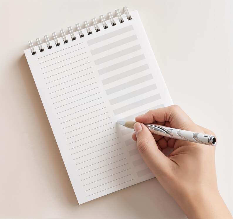 May include: A white spiral-bound notepad with lined and columned pages. A silver and white pen is held by a hand, poised to write on the notepad. The notepad is open and ready for use.