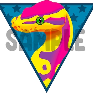May include: A colorful snake head with yellow, pink, and purple scales is inside a blue triangle with white stars. The snake has a green eye.