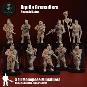 May include: Ten grey miniature figures of Aquila Grenadiers are displayed. Each figure is in a different pose and armed with rifles. The text "Aquila Grenadiers Roma Ad Astra" is above the figures. The text "x 10 Monopose Miniatures" is also visible.