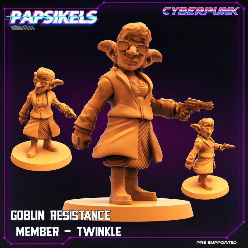 May include: A 3D printed miniature of a goblin wearing a trench coat, sunglasses, and holding a pistol. The miniature is painted in a light brown color. The text "Goblin Resistance Member - Twinkle" is printed below the miniature.
